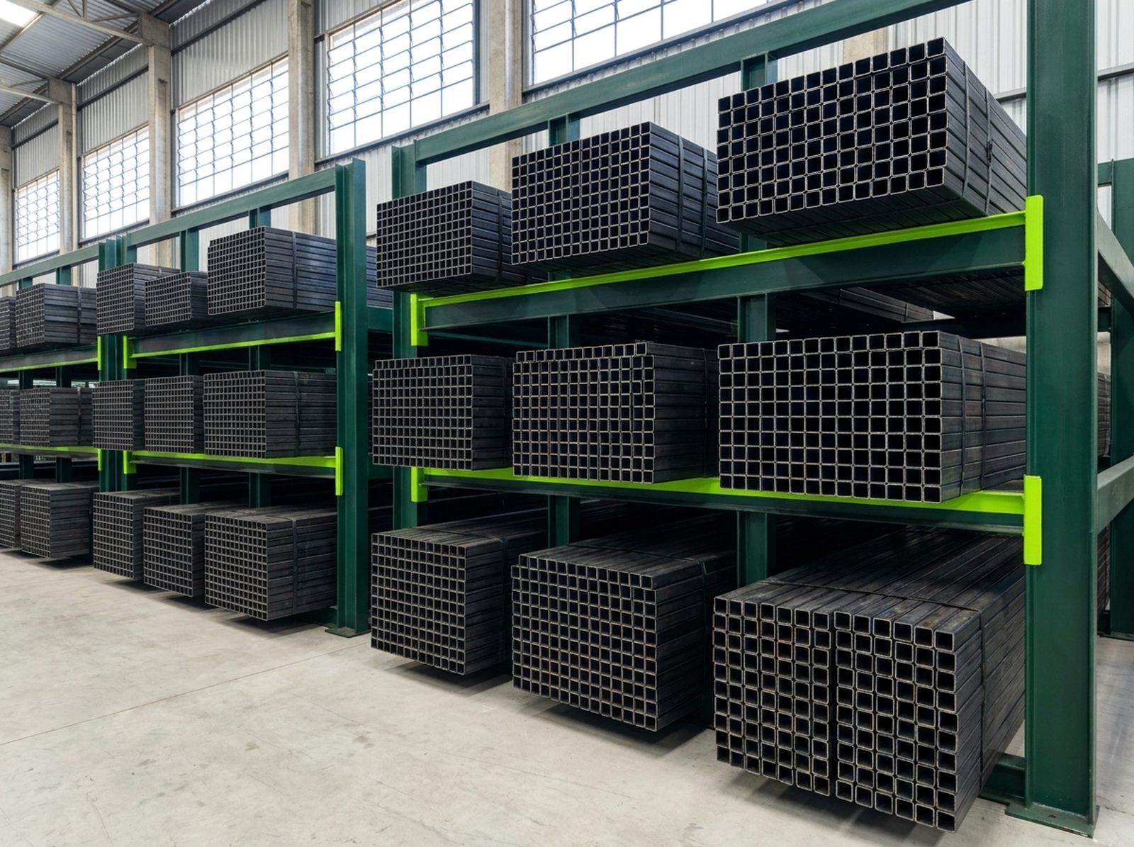 Tubos quadrados de aço carbono (metalon) em feixes cintados no estoque da Tubonasa, barras de 6 metros, pontas alinhadas