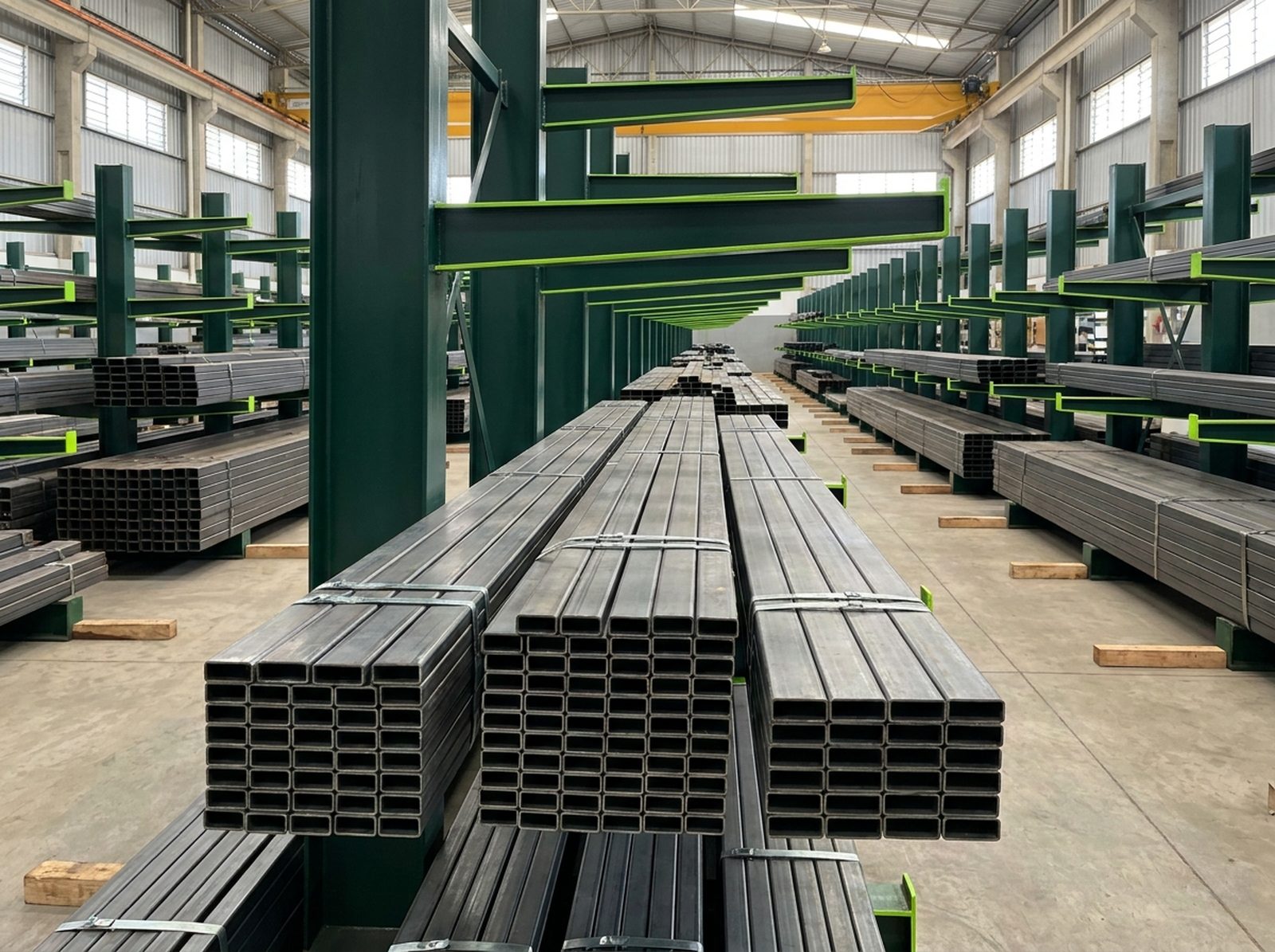 Tubos retangulares de aço carbono (metalon retangular 50x30) em feixes sobre rack cantilever no galpão da Tubonasa