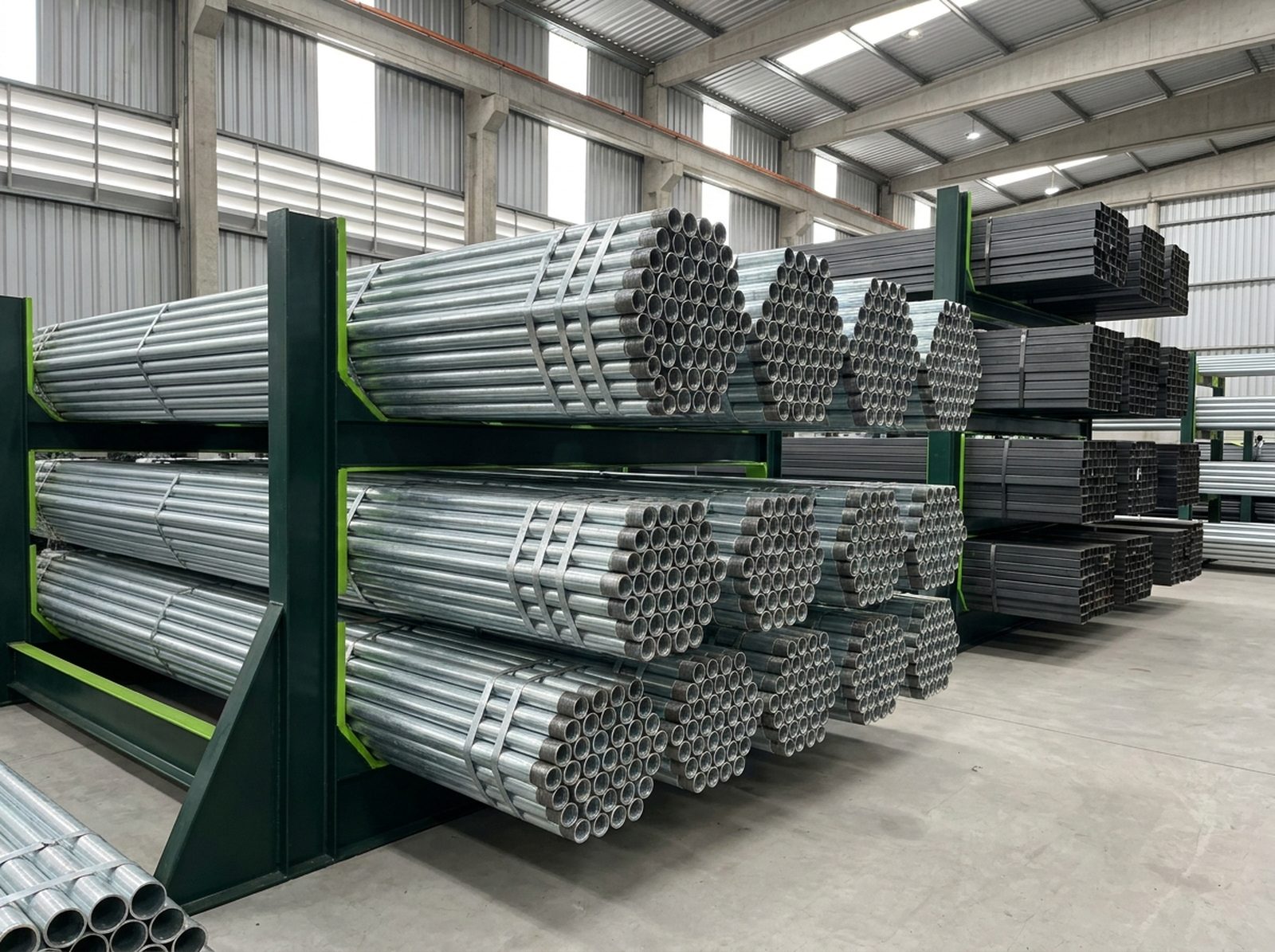 Tubos galvanizados a fogo com acabamento de zinco, em feixes no rack do estoque da Tubonasa