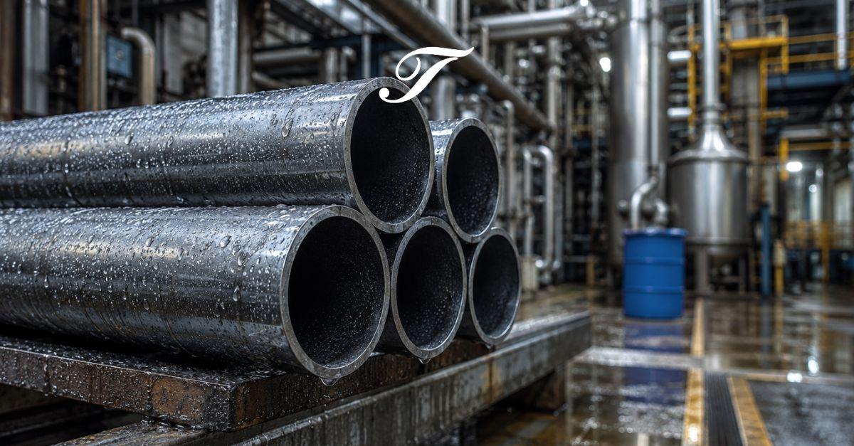 Tubos de aço utilizados em ambiente industrial com alta umidade e exposição a agentes corrosivos.